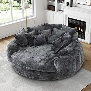 Oversized Round Fluffy Plush Chaise Lounge Bed