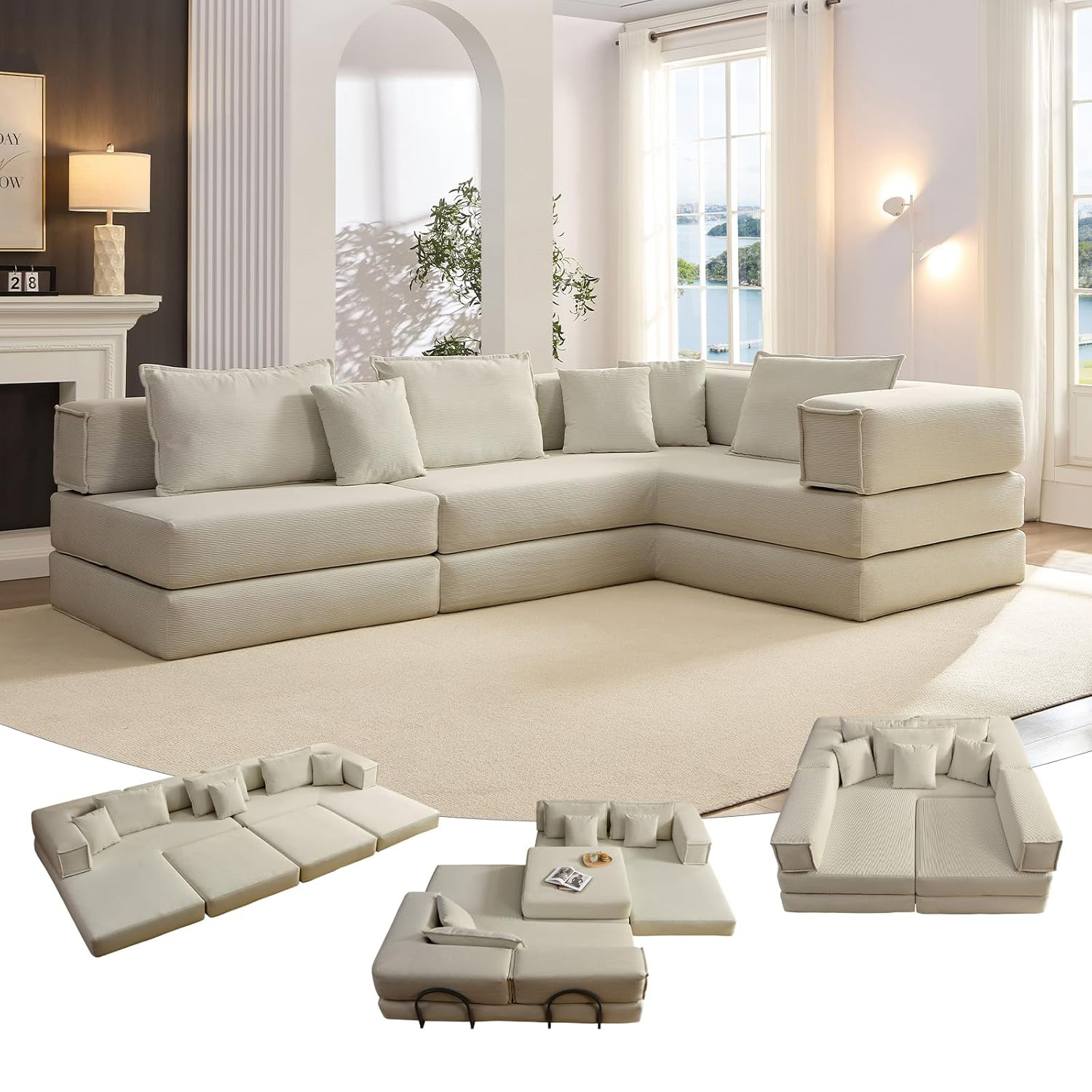 2025 New 118" Compressed Foam Modular Convertible Sofa Set