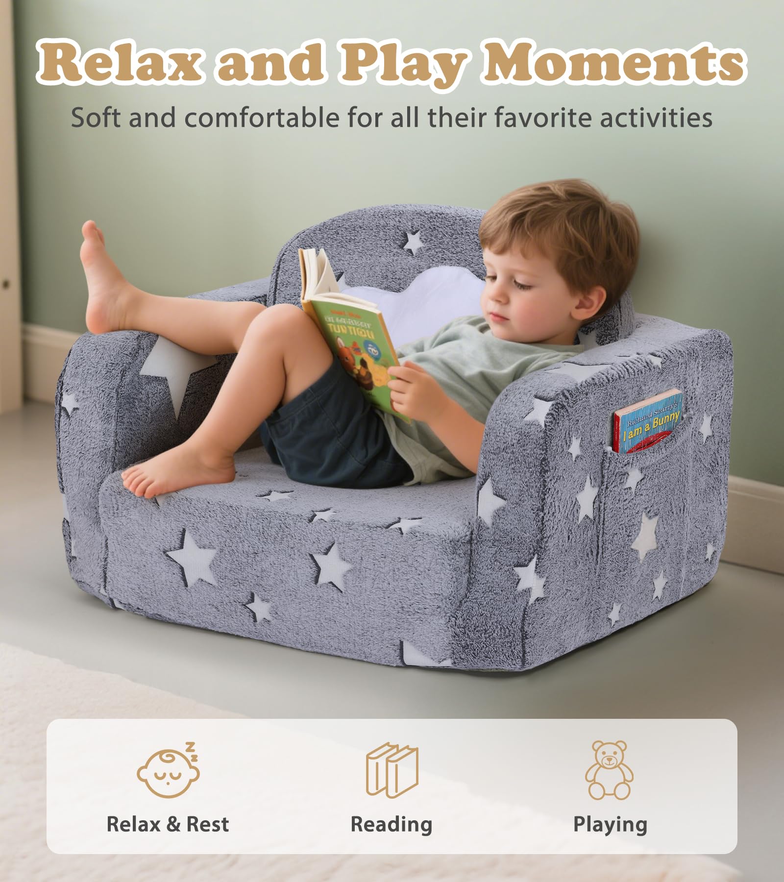 Toddler Fold Soft Foam Couch with Folded Mattress Glow in The Dark