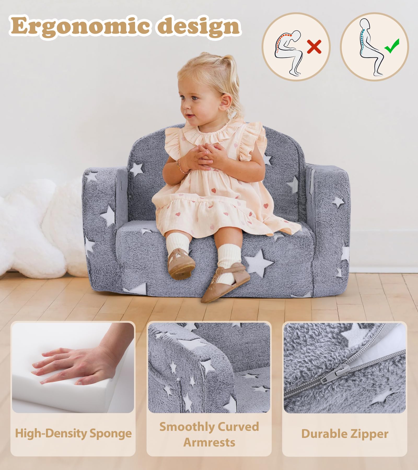 Toddler Fold Soft Foam Couch with Folded Mattress Glow in The Dark