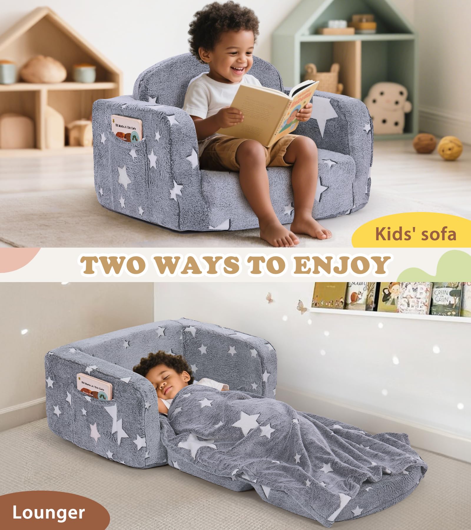 Toddler Fold Soft Foam Couch with Folded Mattress Glow in The Dark