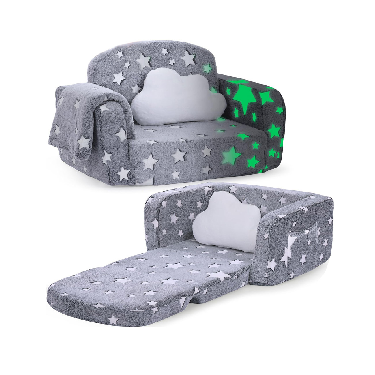 Toddler Fold Soft Foam Couch with Folded Mattress Glow in The Dark