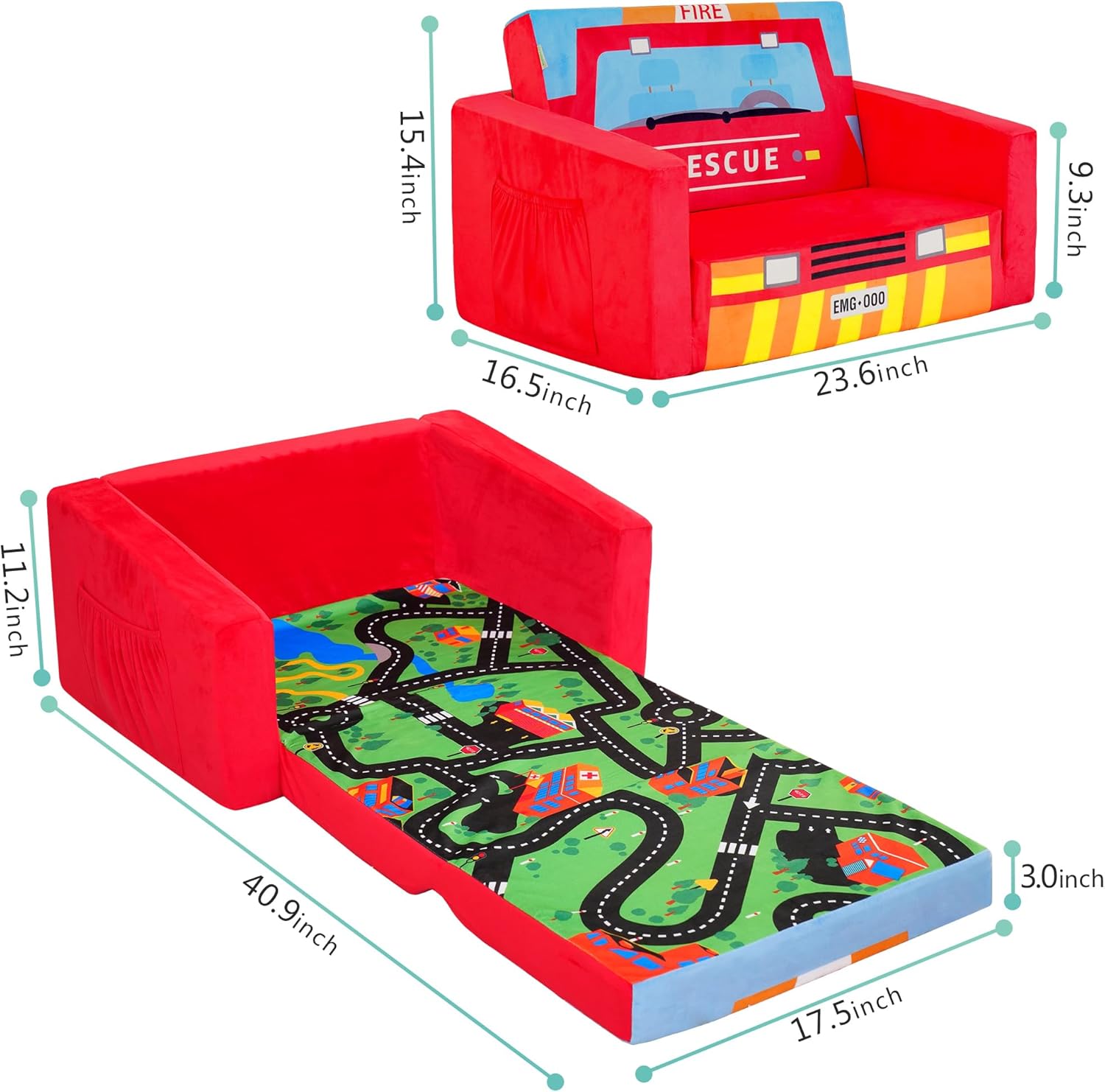 2-in-1 Convertible Kids Sofa Bed Safety High-Density Sponge