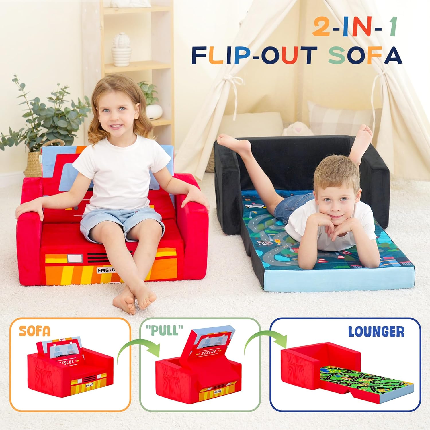 2-in-1 Convertible Kids Sofa Bed Safety High-Density Sponge