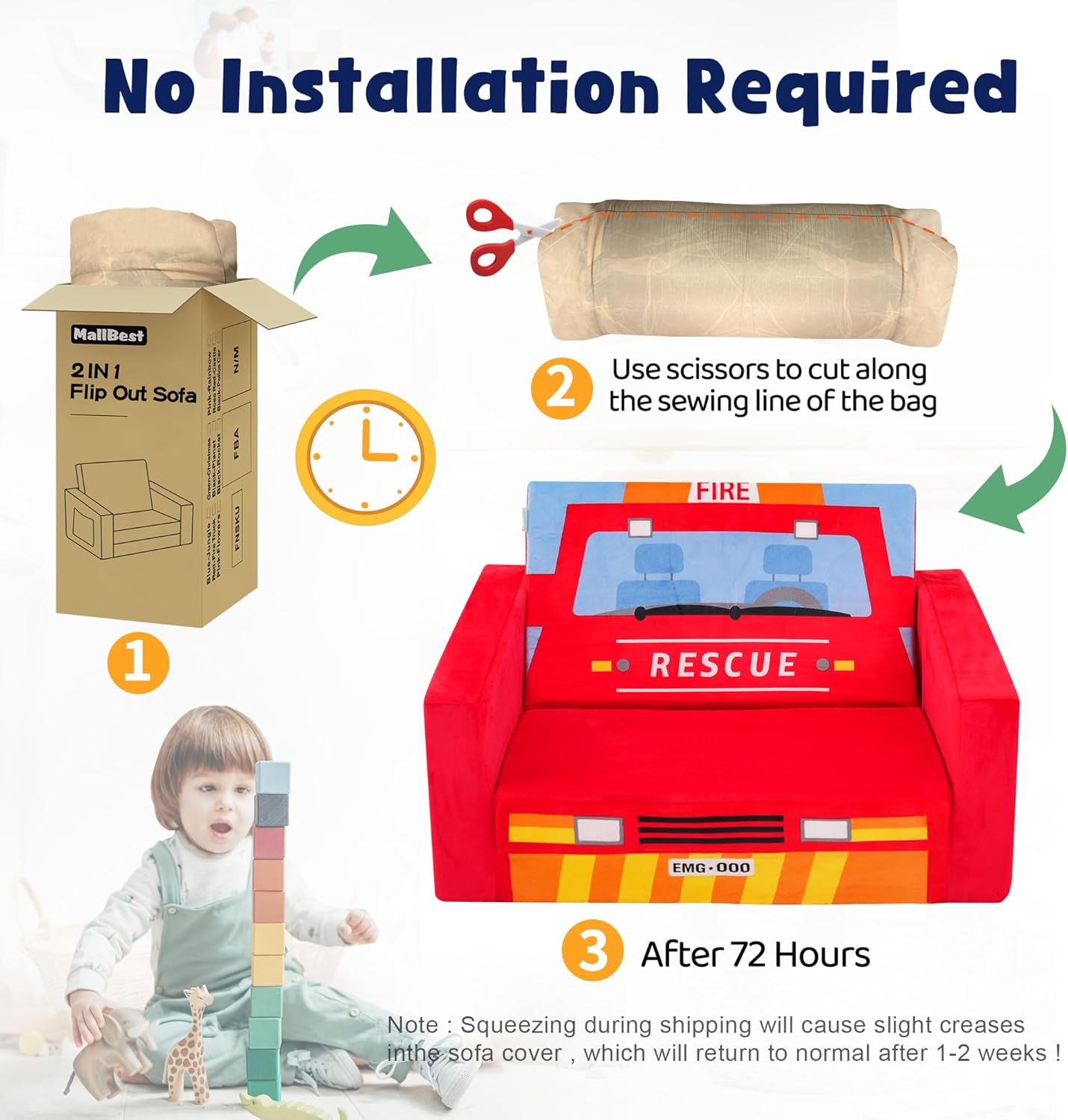 2-in-1 Convertible Kids Sofa Bed Safety High-Density Sponge