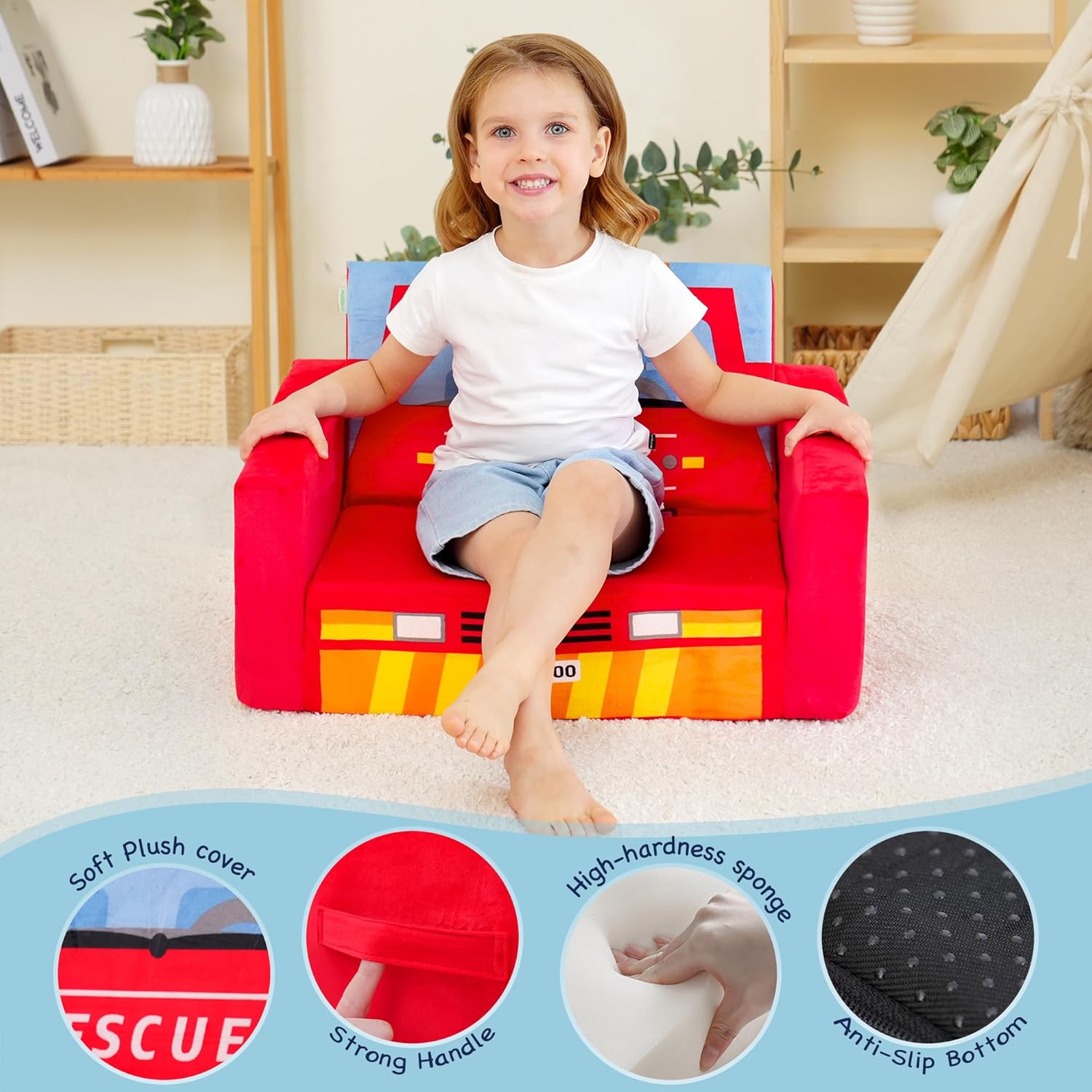 2-in-1 Convertible Kids Sofa Bed Safety High-Density Sponge