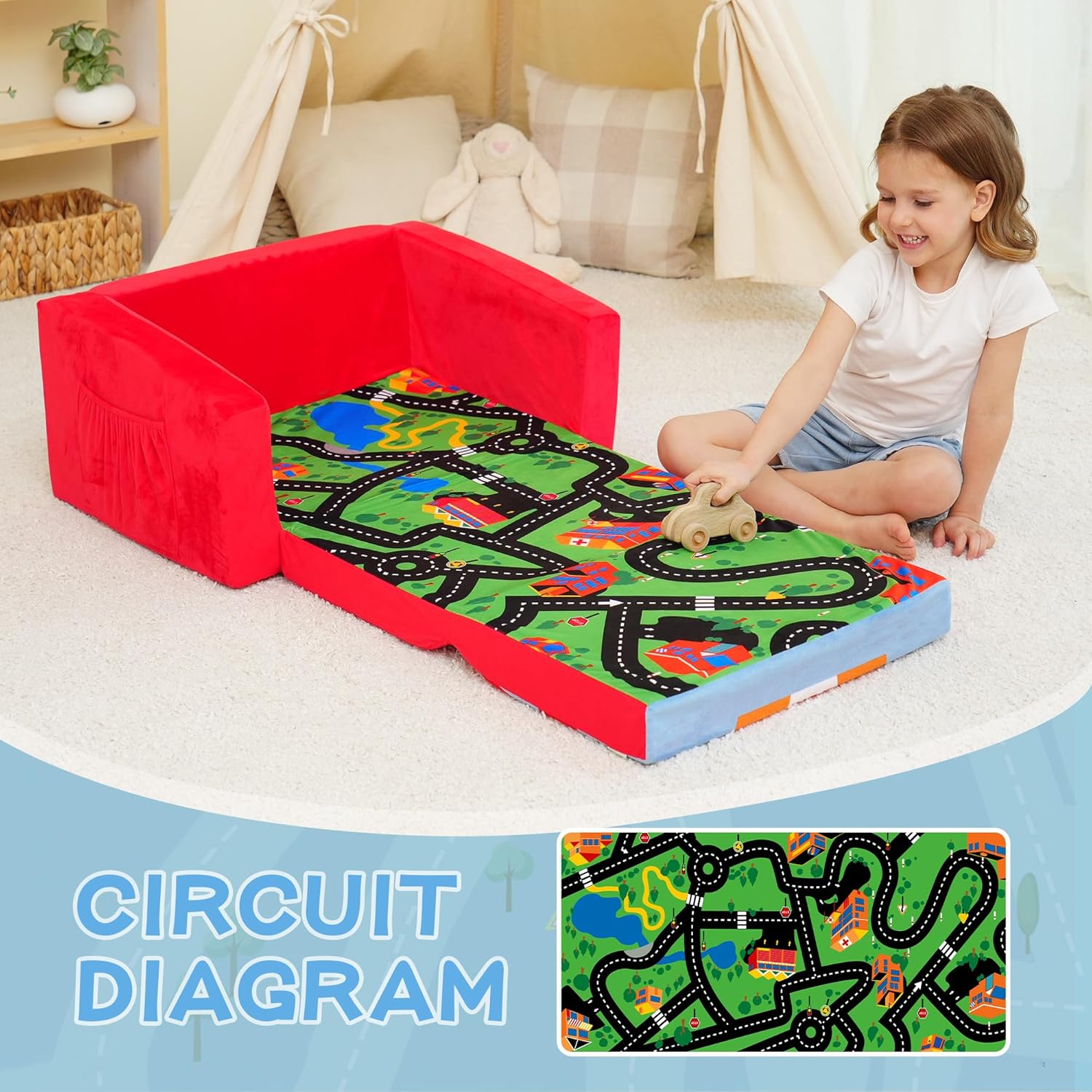 2-in-1 Convertible Kids Sofa Bed Safety High-Density Sponge