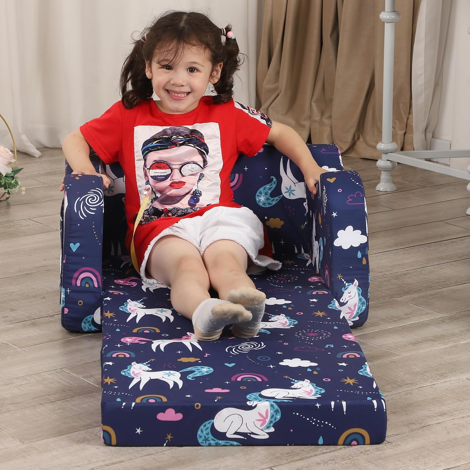 Rainbow Unicorn Print Kids' Sofa Bed With Safe and Durable Foam