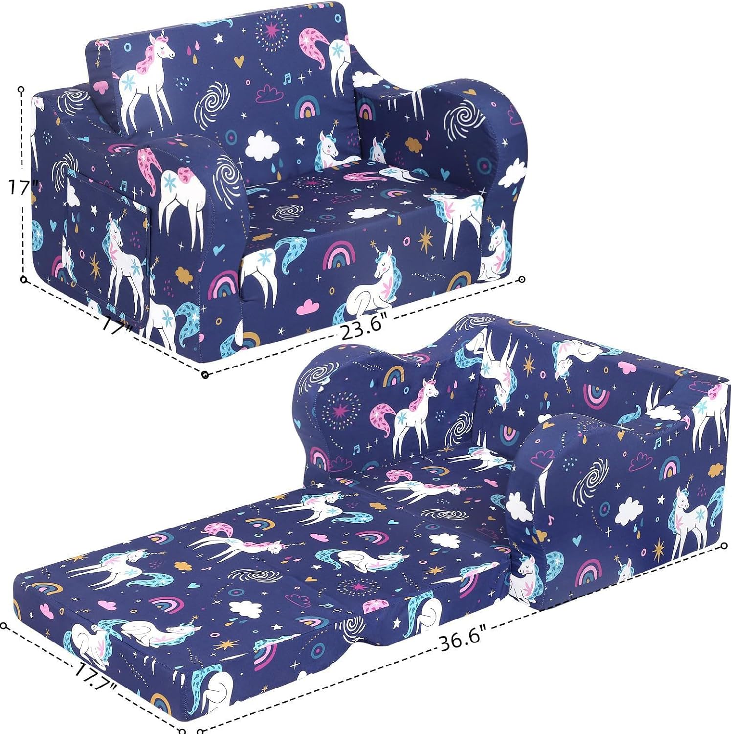 Rainbow Unicorn Print Kids' Sofa Bed With Safe and Durable Foam