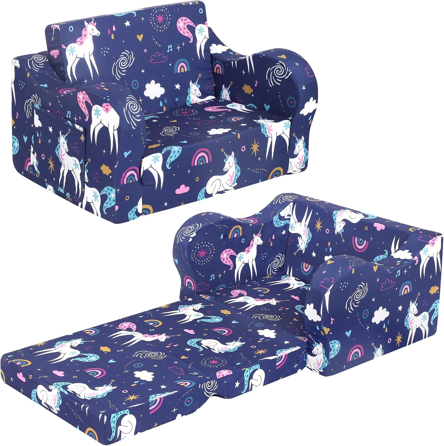 Rainbow Unicorn Print Kids' Sofa Bed With Safe and Durable Foam