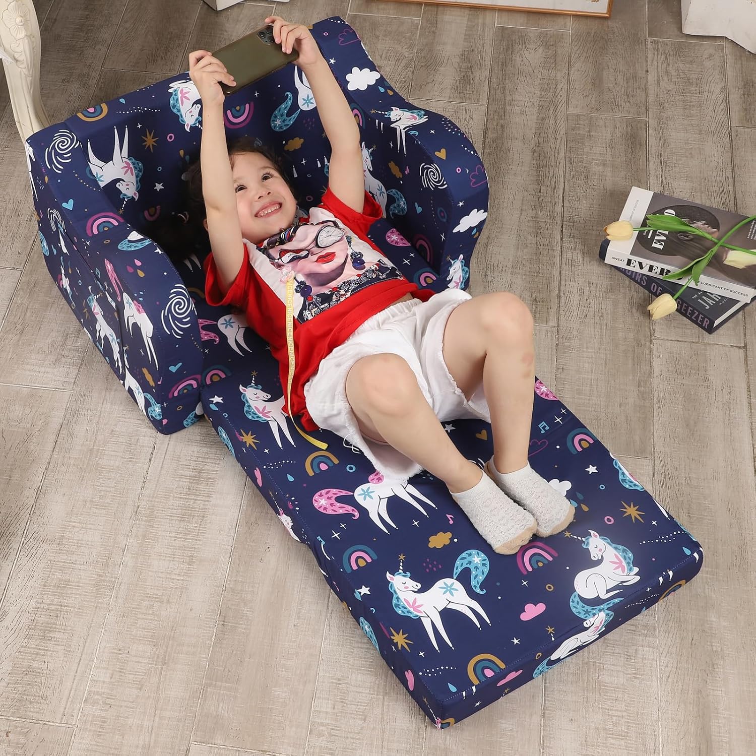 Rainbow Unicorn Print Kids' Sofa Bed With Safe and Durable Foam