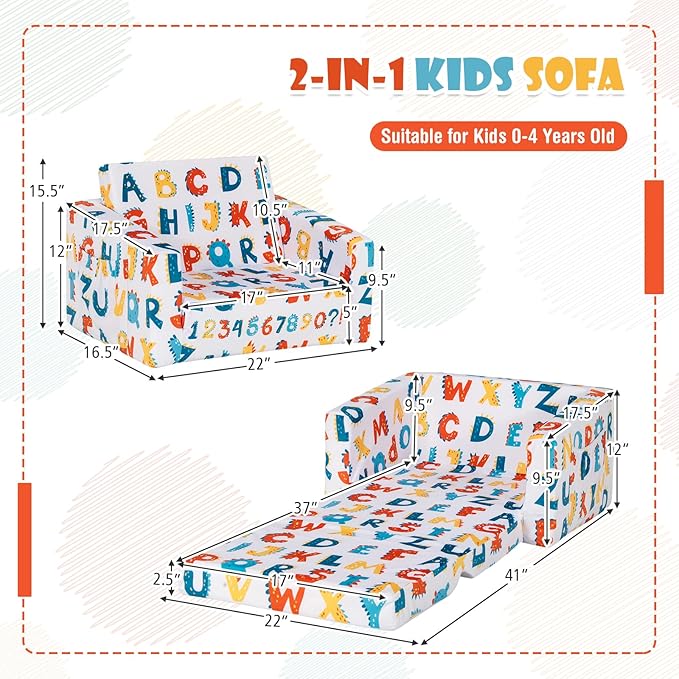 2-in-1 Convertible Kids Sofa Bed - Compressed Foam, Safety Fabric