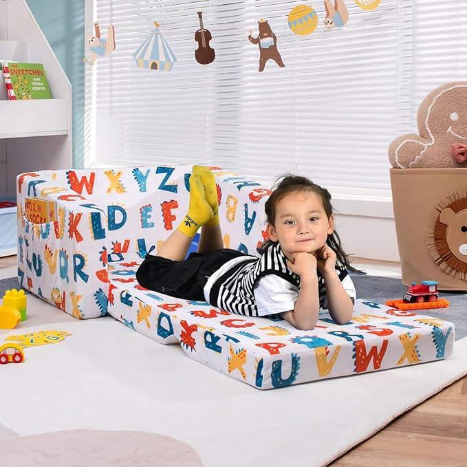 2-in-1 Convertible Kids Sofa Bed - Compressed Foam, Safety Fabric