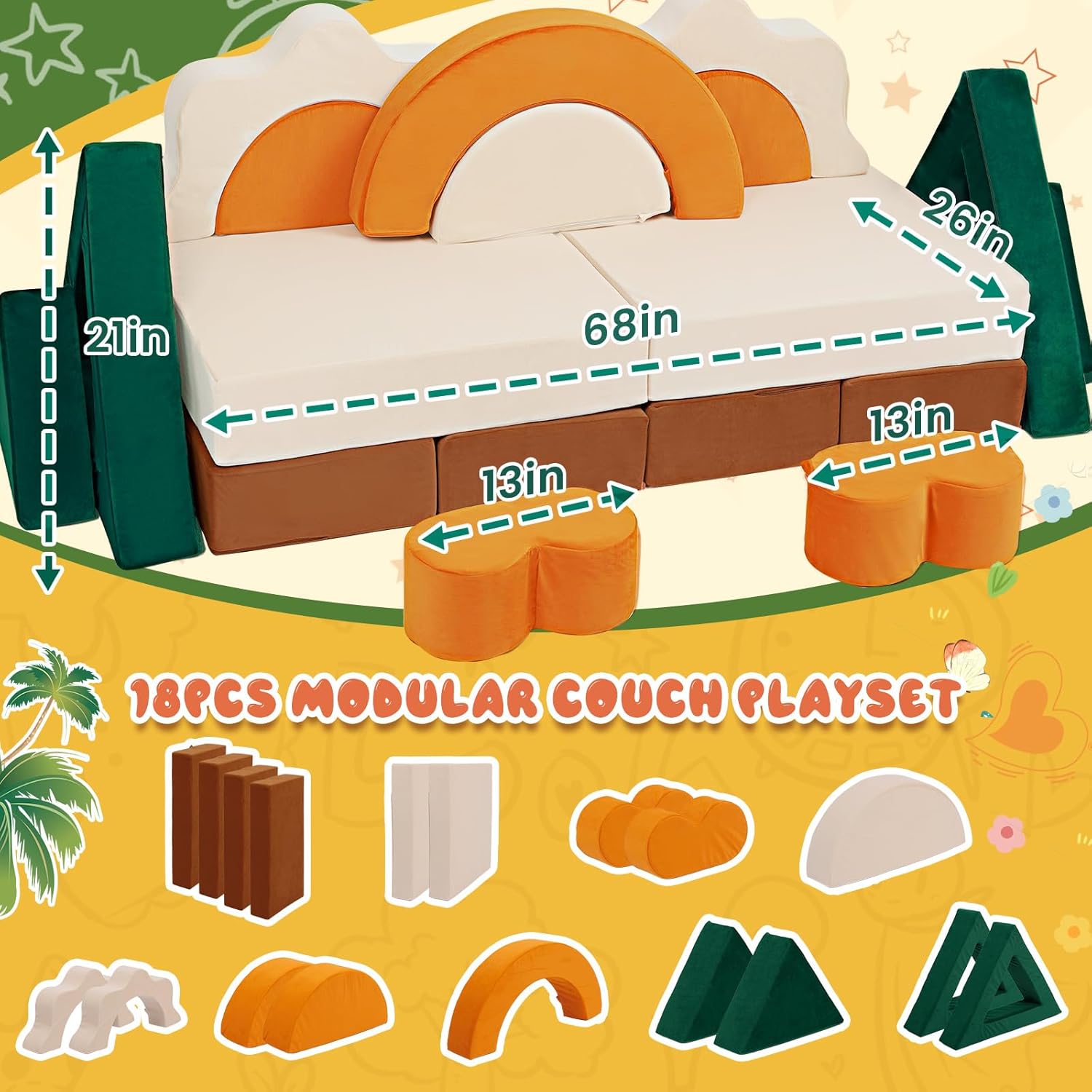 18PCS Junlge Theme Toddler Couch Building Fort