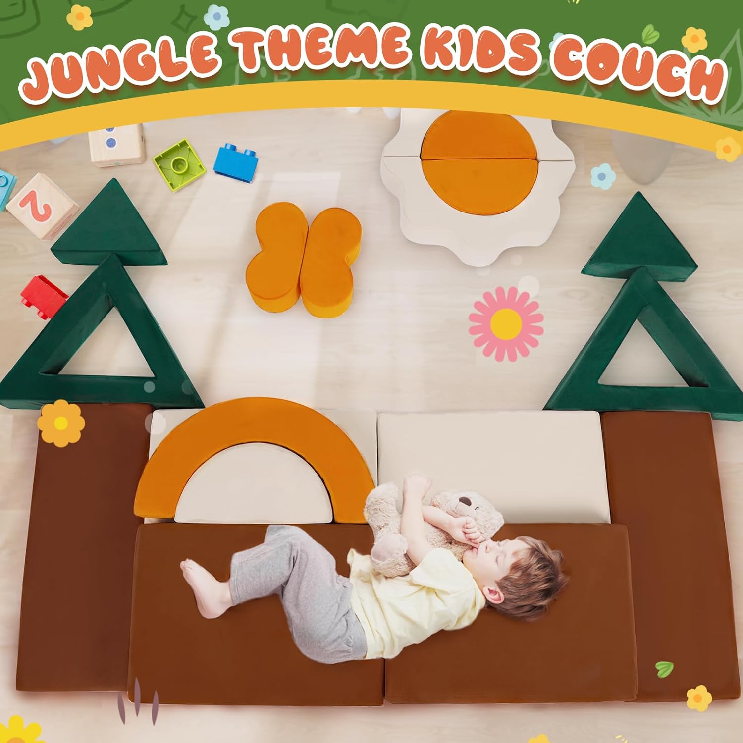18PCS Junlge Theme Toddler Couch Building Fort