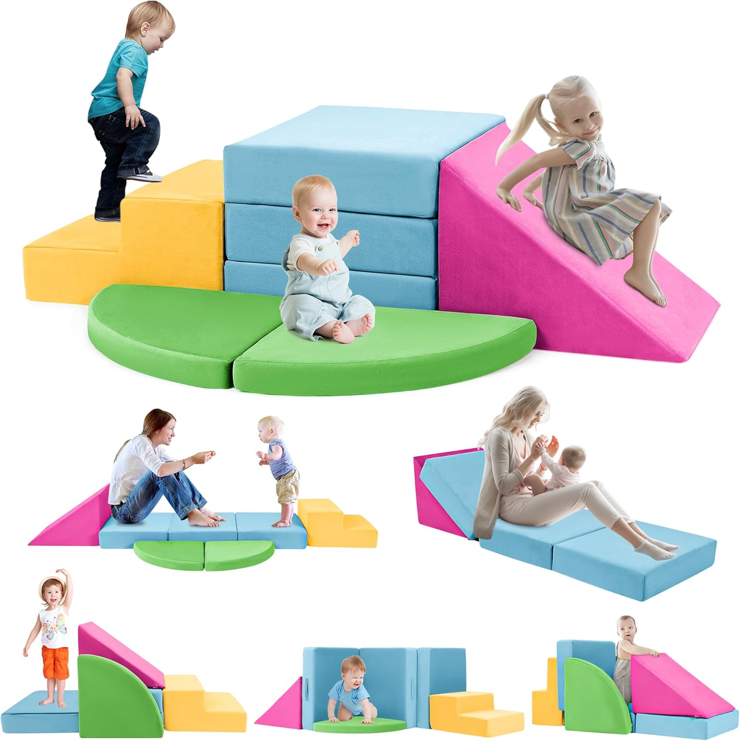 5-Piece Multicolor Soft Foam Climbing Blocks for Toddlers with Tunnels, Ramp & Mats